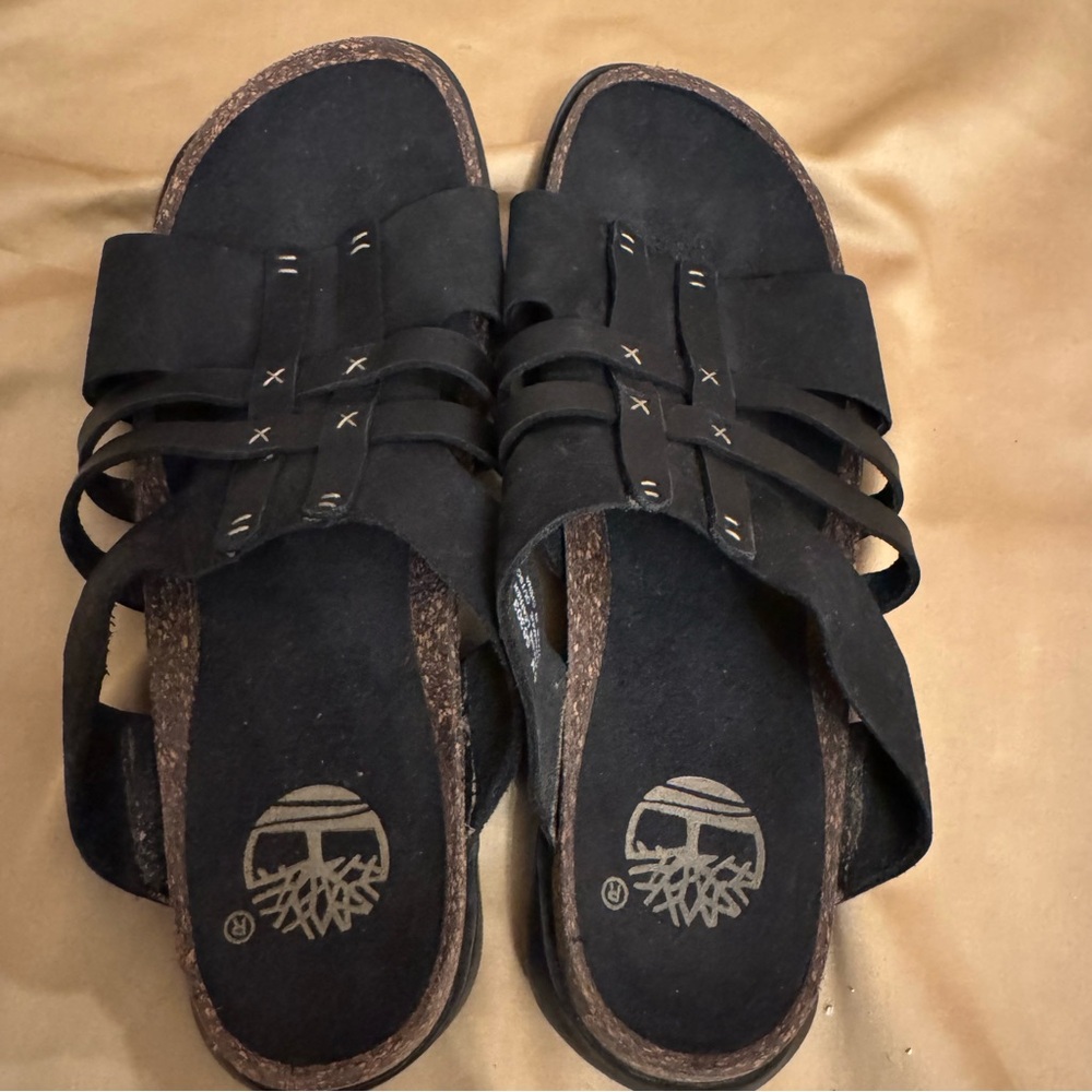 Timberland Black Leather Slide Sandals Women’s 8M Genuine Leather Comfort Boho - Picture 4 of 8
